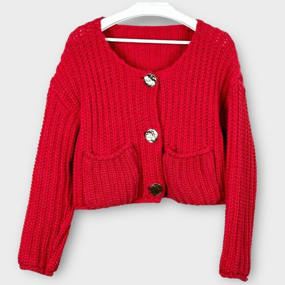 Handmade Sweaters - Hand Knit Cropped Large Button Cardigan Red